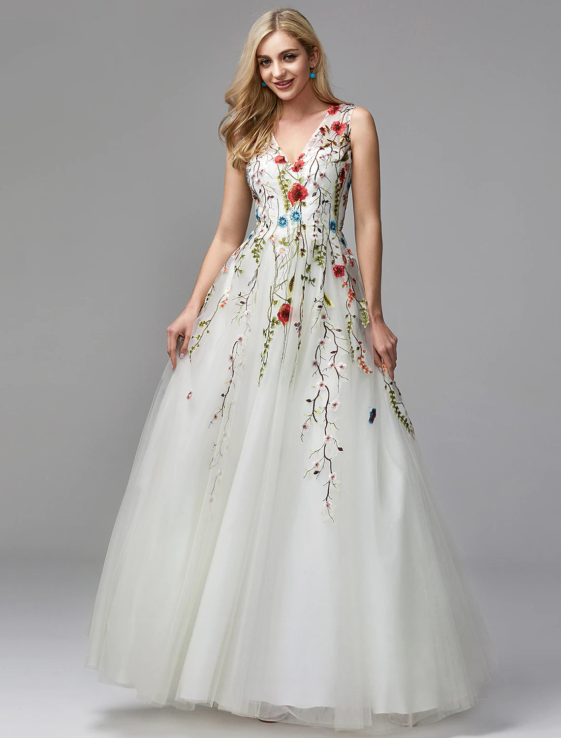 Wholesale  A-Line Special Occasion Dresses Floral Dress Homecoming Quinceanera Floor Length Sleeveless V Neck Lace with Embroidery Appliques